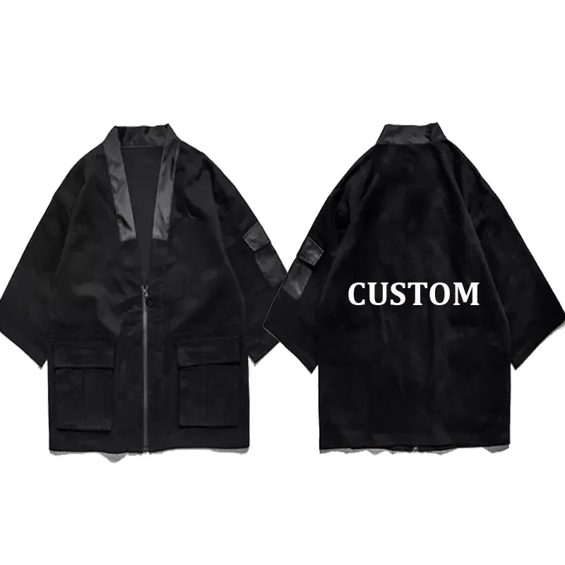 도매 일본 짧은 소매 v 넥 지퍼 자켓 남성 프론트 포켓 기모노 Streetwear 경량 윈드 브레이커