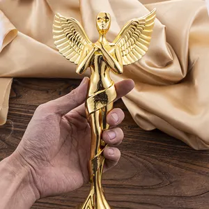 Low MOQ High-Grade Annual Meeting Sand Blast Golden Fairy Resin Trophies Award Resin Trophy With Black K9 Crystal Base