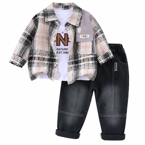 Conjunto de 3 Piezas para Niños: Camisa a Cuadros, Camiseta y Pantalones de Mezclilla, Atuendo Casual Infantil, Camisa de Manga Larga a Cuadros, Traje de Jeans, OEM, ODM, Venta al Por Mayor - Product Image 2