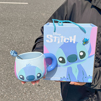 Tasse en céramique de dessin animé avec poignée et cuillère, ensemble pour la maison et le bureau, mug en céramique rose et bleu, boîte cadeau 500 ml