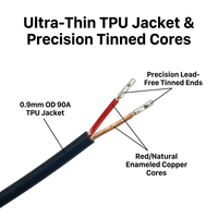 Fil acoustique noir en TPU 2 conducteurs, diamètre extérieur 0,9 mm, longueur 193 mm, extrémités étamées sans plomb pour microphone et composants audio miniatures