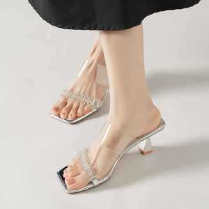 Sandales à talons carrés, bout transparent, strass, talon moyen, argentées, élégantes, chaussures de soirée - Product Image 2