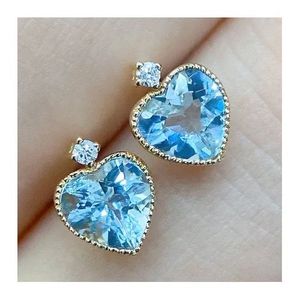 Xinfly 18k Real Pure Gold Cute Aquamarine Heart Charm Love <b>Fine</b> Jewelry Gemstone Diamond <b>Stud</b> <b>Earring</b> - Product Image 1