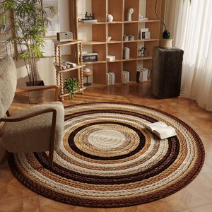 Tapis rond coloré à motif abstrait tissé en fibre de polyester, décoration d'intérieur, tapis de salon, design géométrique brun chaud - Product Image 5