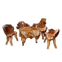 Ensemble de salle à manger d'extérieur en bois de teck naturel, table et chaises de patio en bois massif à bord vif, mobilier rustique de forme libre, luxe