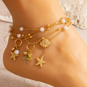 Chaîne de cheville YWXS en acier inoxydable avec perles et étoiles, double rangée, pour femme, idéale pour la plage - Product Image 1