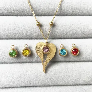Stainless Steel Angel Wing Mothers Birthstone Guardian Necklace for Women Beads Chain 12 color can choose HLN240403