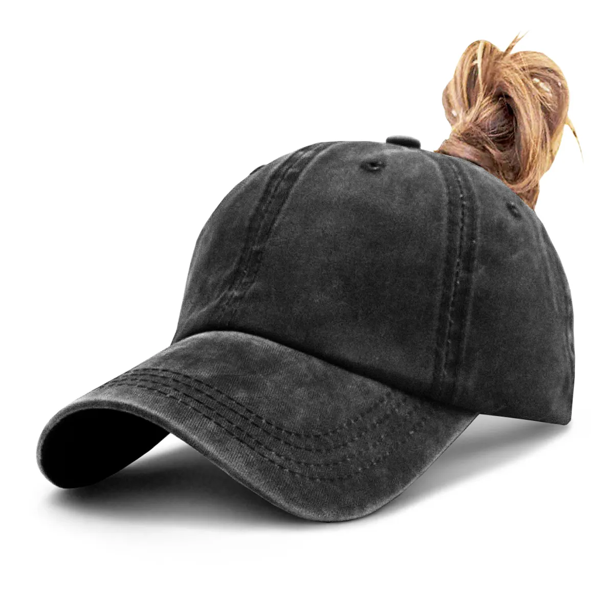 Vrouwen Vintage Gewassen Distressed Baseball Cap Met Rommelige Bun Ponycap Sport Hoed Met Hoge Paardenstaart Gat Vader Hoed