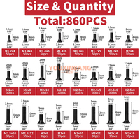 Kit de 860 petites vis pour ordinateur, vis micro noires pour lunettes M1.2 M1.4 M2 M3