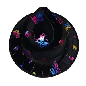 Sombrero Fedora Unisex para Adultos, Estilo Graffiti con Pintura de Mariposas Iridiscentes, Terciopelo Negro para Fiestas, Uso Casual en las Cuatro Estaciones - Product Image 1