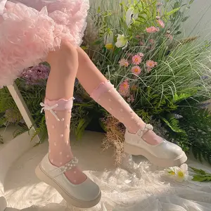 日本系列新产品尤金纱蝴蝶结心形钉珠女孩水晶条纹玻璃丝女婴袜子