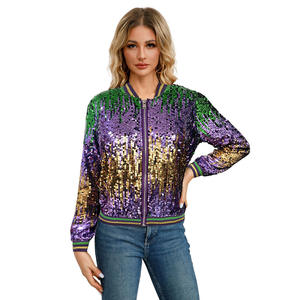 Mardi Gras veste vêtements pour femmes couleur bloc fermeture éclair avant <span class=keywords><strong>manteau</strong></span> décontracté col rond à manches longues veste à paillettes pour automne hiver - Product Image 2