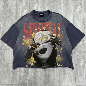 Venta al por mayor ropa de calle diseñador Boxy camiseta personalizada de gran tamaño bordes sin procesar lavado ácido camiseta estampado recortado gráfico camisetas de los hombres - Product Image 1