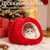 Lit-cave festif pour chat en forme de pomme, en polaire arctique, avec coussin amovible et lavable en coton PP, pour petits chiens