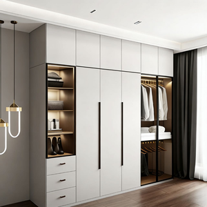 Armadio di Lusso Balom in Legno Massello per Camera da Letto con Porta in Vetro LED, Ampio Spazio di Stoccaggio, Scrivania Integrata e Specchio - Product Image 4