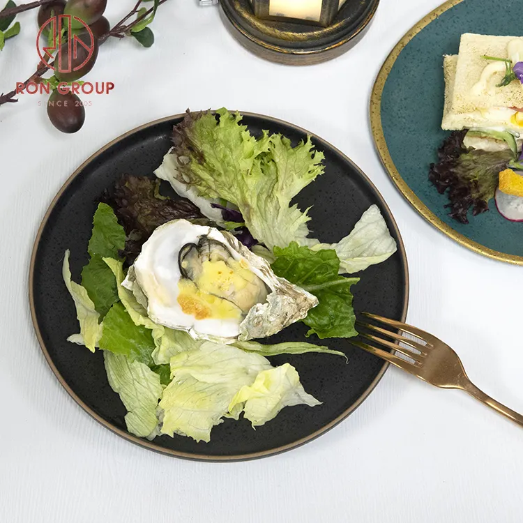 도매 식기 블랙 & 골드 컬러 클레이 도자기 대형 접시 레스토랑 호텔 세라믹 테라코타 딥 라운드 접시