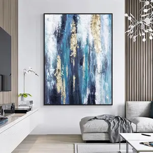 Home Decor Abstract Blue Painting Wth Gold Foil 100% Hand Painted Handmade Wall Art Oil Painting On Canvas