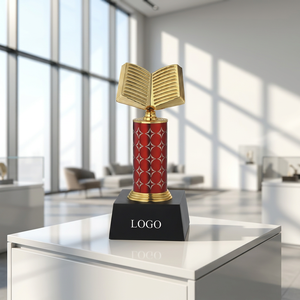 Golden Metal <b>Trophy</b> with Red Patterned Column and Black Base for Graduation or Back to School Recognition - Product Image 1