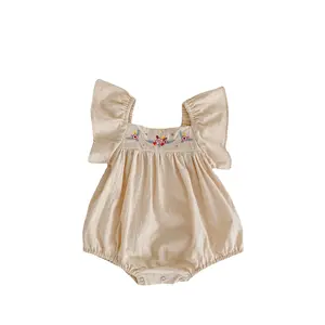 Ins Summer Infant Girl Baby Flower Embroidered Romper Cotton Big Ruffle Sleeve Khaki Sister Dress Baby Girl Romper