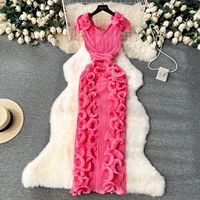 Robe Midi Plissée Élégante pour Femme Empire 3D Robe Longue en Dentelle à Volants