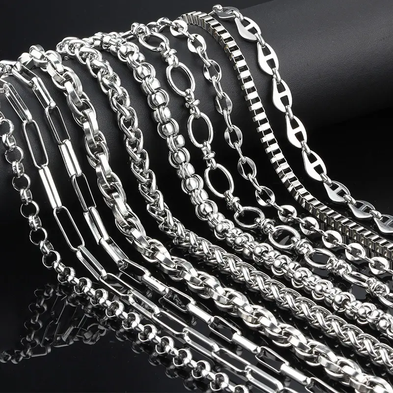 Vente en gros 50 mètres 100 mètres de chaîne en acier inoxydable design multiple stock énorme colliers peuvent être conçus sur mesure
