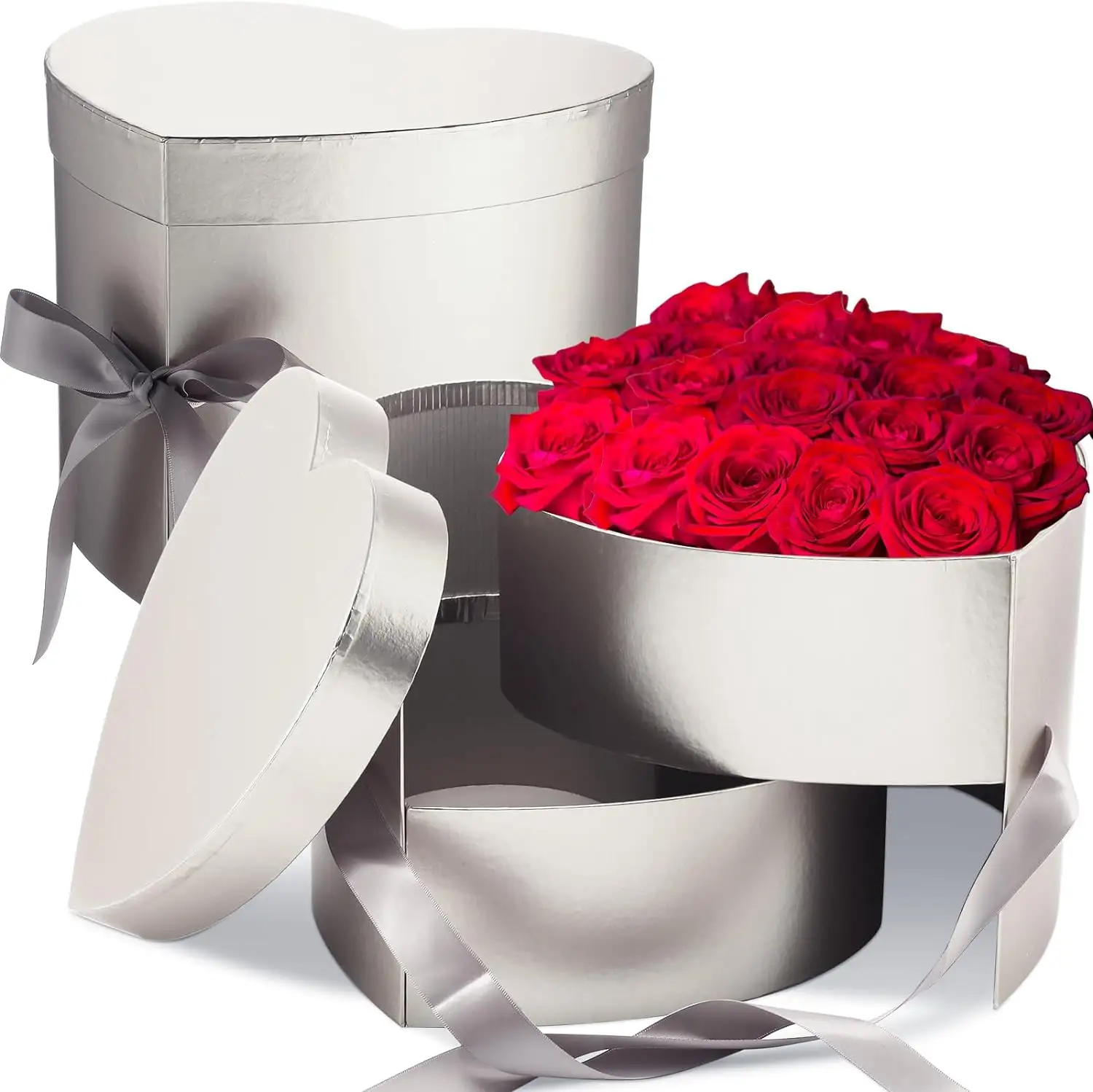 Caja de flores de papel Día de San Valentín Día DE LA MADRE Caja de regalo de boda Caja giratoria de doble capa en forma de corazón con tapa y cinta