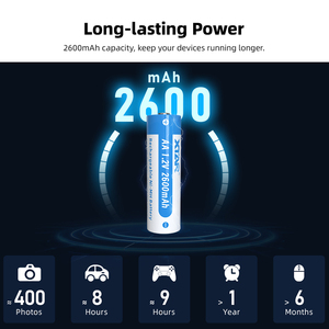 Batterie rechargeable Xtar OEM <span class=keywords><strong>AA</strong></span> 2600mAh 1.2V Nickel-Métal Hydrure Ni-MH, respectueuse de l'environnement, pour lampes de poche, jouets, appareils médicaux - Product Image 3