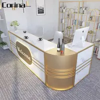 Custom Gold Luxury L Shape Front Cashier Checkout Counter Restaurant Juice Cafe Shop Reception Desk