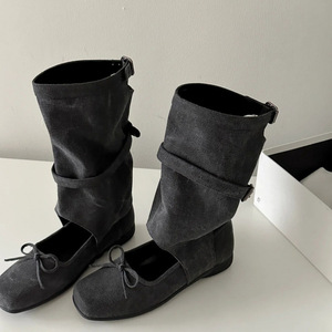 Bottes hautes pour femme en toile beige style ballerine avec boucles et nœud, bout carré, talon bas et découpe décorative - Product Image 3