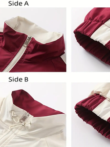 เสื้อแจ็คเก็ตโพลีเอสเตอร์แบบย้อนกลับคอตั้งสไตล์กีฬาผ้าบล็อกสีไม่ยืดมีซิปทรงหลวม - Product Image 2