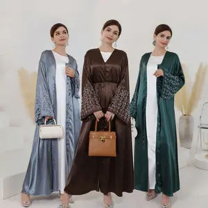Latest Design Satin Eid Islamic Clothing Arab Embroidery Muslim Dress Beading Luxury Women Open Abaya With Pocket