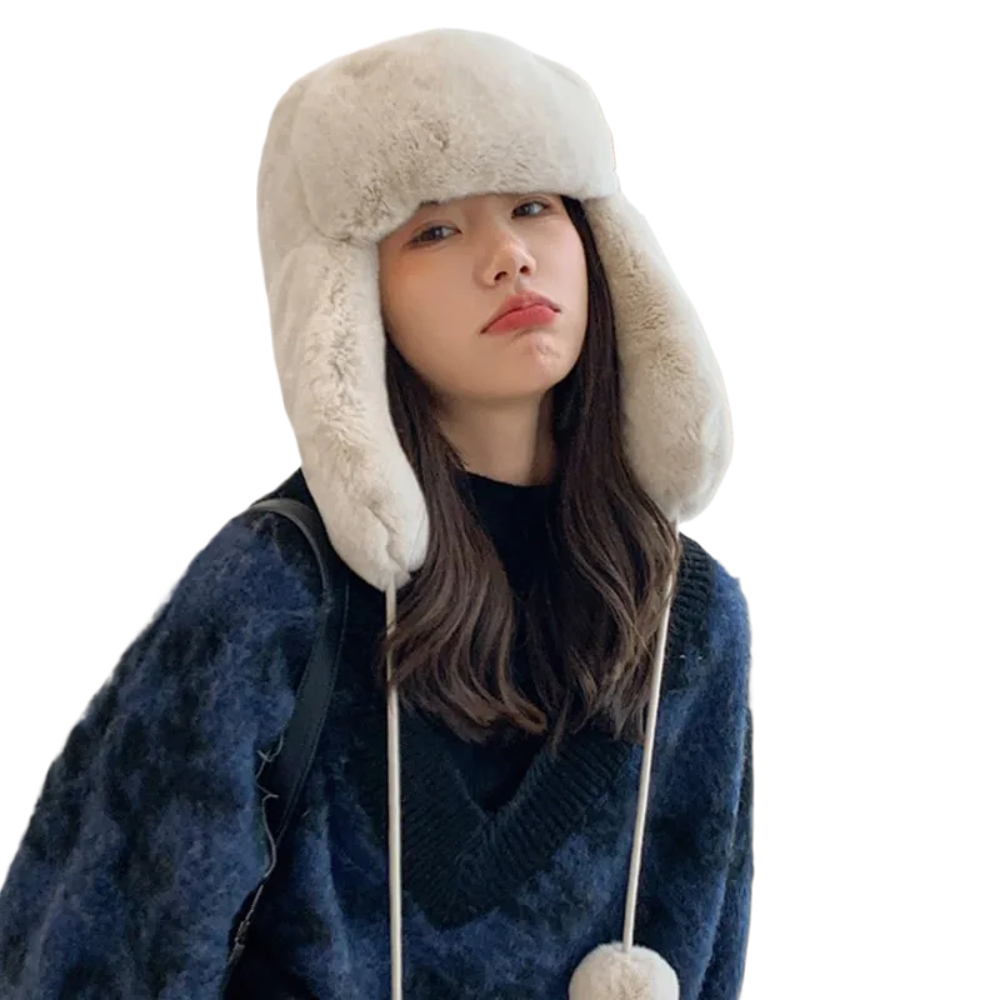 Women's Rex Rabbit Fur Hat - Winter Warmer Beanie With Ear Flaps, Fashion Cap