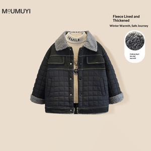 Veste d'hiver en denim patchwork pour garçons, veste chaude en molleton teinte en pièce, imprimée, version coréenne 2025, nouveauté - Product Image 2