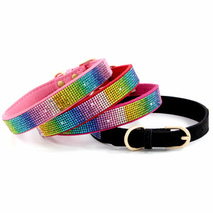 Collar de perro mascota de cuero ajustable acolchado cómodo y suave con hebilla de Metal de diamantes de imitación brillante duradero de alta calidad - Product Image 1