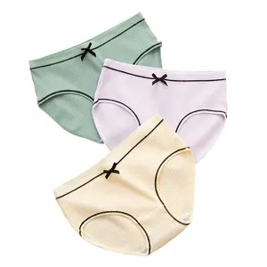 Japanese Lace Threaded Plus Size Ladies Briefs Breathable Bow Tie Ribbed Cotton Panties
