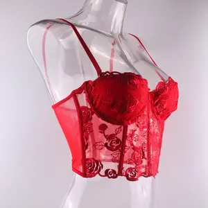 Womens Floral Lace Bra Tops Strapless Underwire Bustier Slim Fit Crop Top