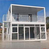 Casa Contenedor Prefabricada Moderna de Lujo con Paredes de Vidrio, Oficina Modular Desmontable con Terraza en el Techo y Escaleras Exteriores para Jardín