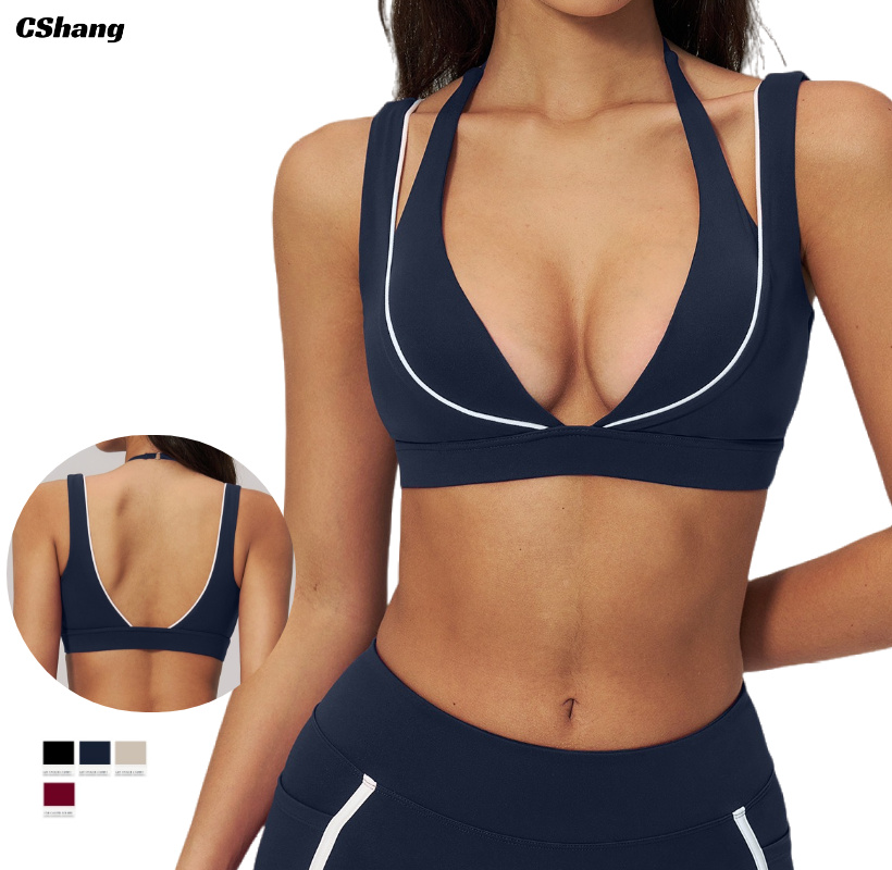 Low MOQ Sexy Deep V Neck Comfort Yoga Bra for Women Workout Gym Sports Top Quick Dry Soft Fitness Clothes Woman Running Bras