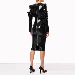 Vendita calda Rotonda collo manica lunga strutturato spalla vestito di lustrini posteriore con zip elegante <span class=keywords><strong>Drappeggiato</strong></span> dettagli vestiti da partito <span class=keywords><strong>midi</strong></span> YLDR002ZC - Product Image 5