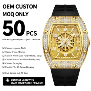 OEM <b>Watch</b> Manufacturers Custom Design Gold Case Diamond Stainless steel <b>Watch</b> <b>Skeleton</b> Tonneau Shaped <b>Automatic</b> Mossanite <b>Watch</b> - Product Image 1