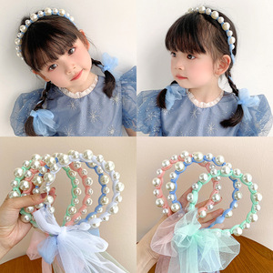 Diadema de cola de caballo de gasa de princesa <span class=keywords><strong>sin</strong></span> <span class=keywords><strong>cabeza</strong></span> de Corea, diadema para el pelo con lazo para niña, diadema de perlas de serpentina para niños - Product Image 4