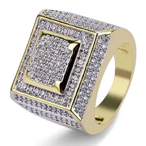 Aankomst Hete Verkoop Volledige Zirkoon Vierkante Ring Hiphop Ringen Voor Mannen Ijskoude Sieraden Ring Nieuwe Gouden Opp Tas Unisex Sieraden 14G