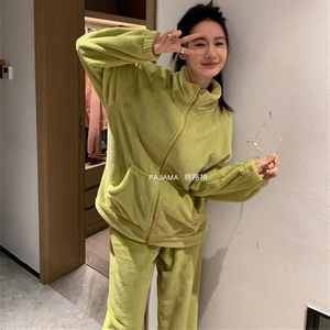 Invierno leche terciopelo caramelo Color cremallera pijamas mujeres novias Coral sólido 280g - Product Image 4