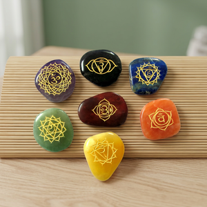 <b>Chakra</b> Gemstone Stones <b>Set</b> with Om Symbol Carved Handmade Free Form Reiki Healing Art Collectible From Gujarat Crystalexport.com - Product Image 3