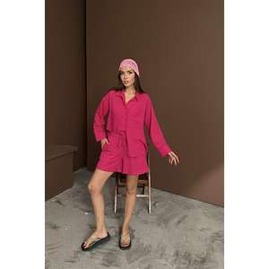 Conjunto de Lino Fucsia Alaat al por Mayor, Top Largo Informal con Decoración de Botones, Patrón Tejido, Talla XL, Fitness, Primavera, Poliéster, Lona - Product Image 5