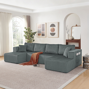 132'' U Shape Comfy Compressed Cloud Couch with Side Pockets Corduroy Memory Foam Sleeper <b>Sofa</b> for Living Room - Product Image 2