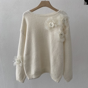 Pull en tricot pour femme, orné de fleurs, col bateau, coupe oversize, décontracté, tendance - Product Image 4