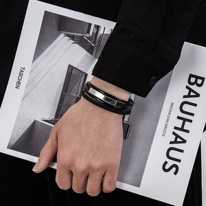 Pulsera de Cuero de Doble Capa Grabable en Acero Inoxidable Vintage para Hombre - Product Image 6