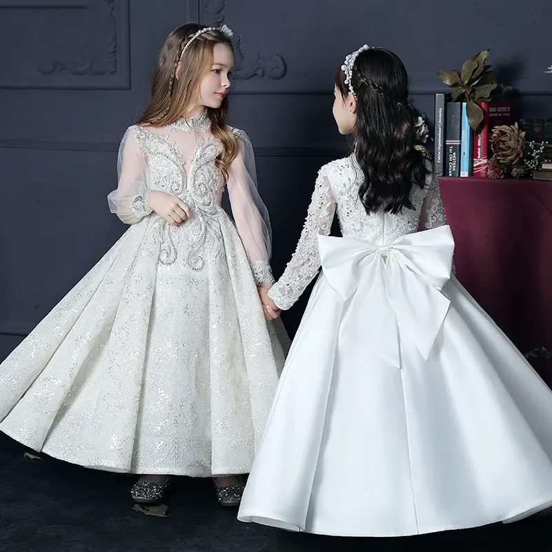 Robe de soirée en satin à manches longues pour fille de 12 ans, robe de mariage brillante en paillettes pour première communion, boutique américaine