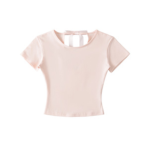 Camiseta de verano transpirable ligera Camiseta de manga corta <span class=keywords><strong>con</strong></span> cuello redondo ajustada <span class=keywords><strong>con</strong></span> detalle de cordones traseros Diseño de pajarita sin espalda - Product Image 5